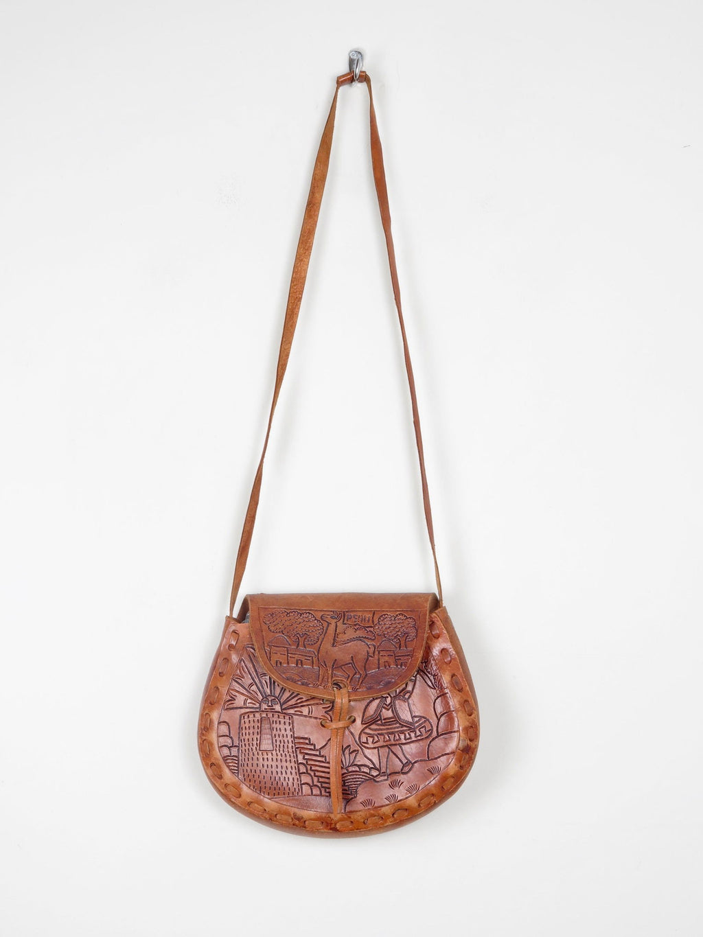 Tan Leather Vintage Peruvian Tooled Bag - The Harlequin