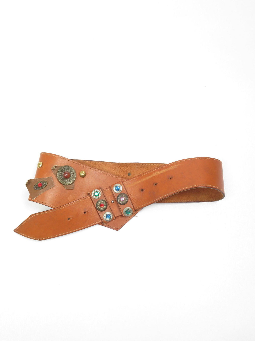 Tan Leather Vintage Waist Belt With Embellishments - The Harlequin