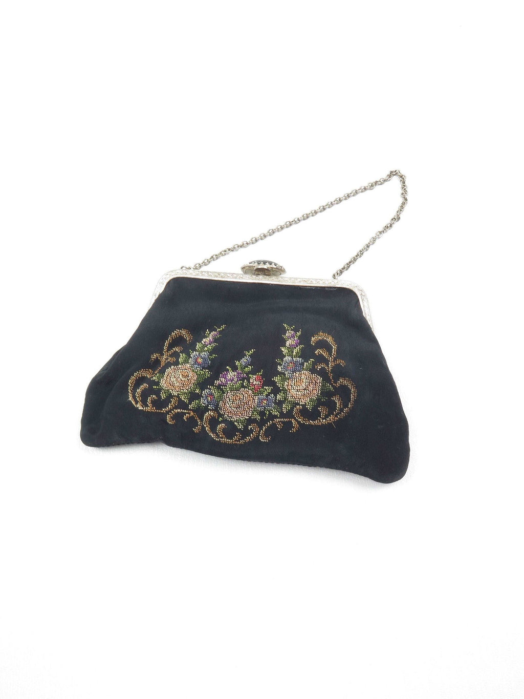 Vintage Bag Petit Point Hand Embroidered Black - The Harlequin