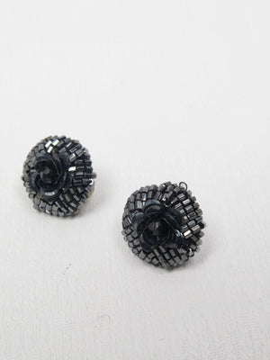 Vintage  Black Beaded Clip On Earrings - The Harlequin