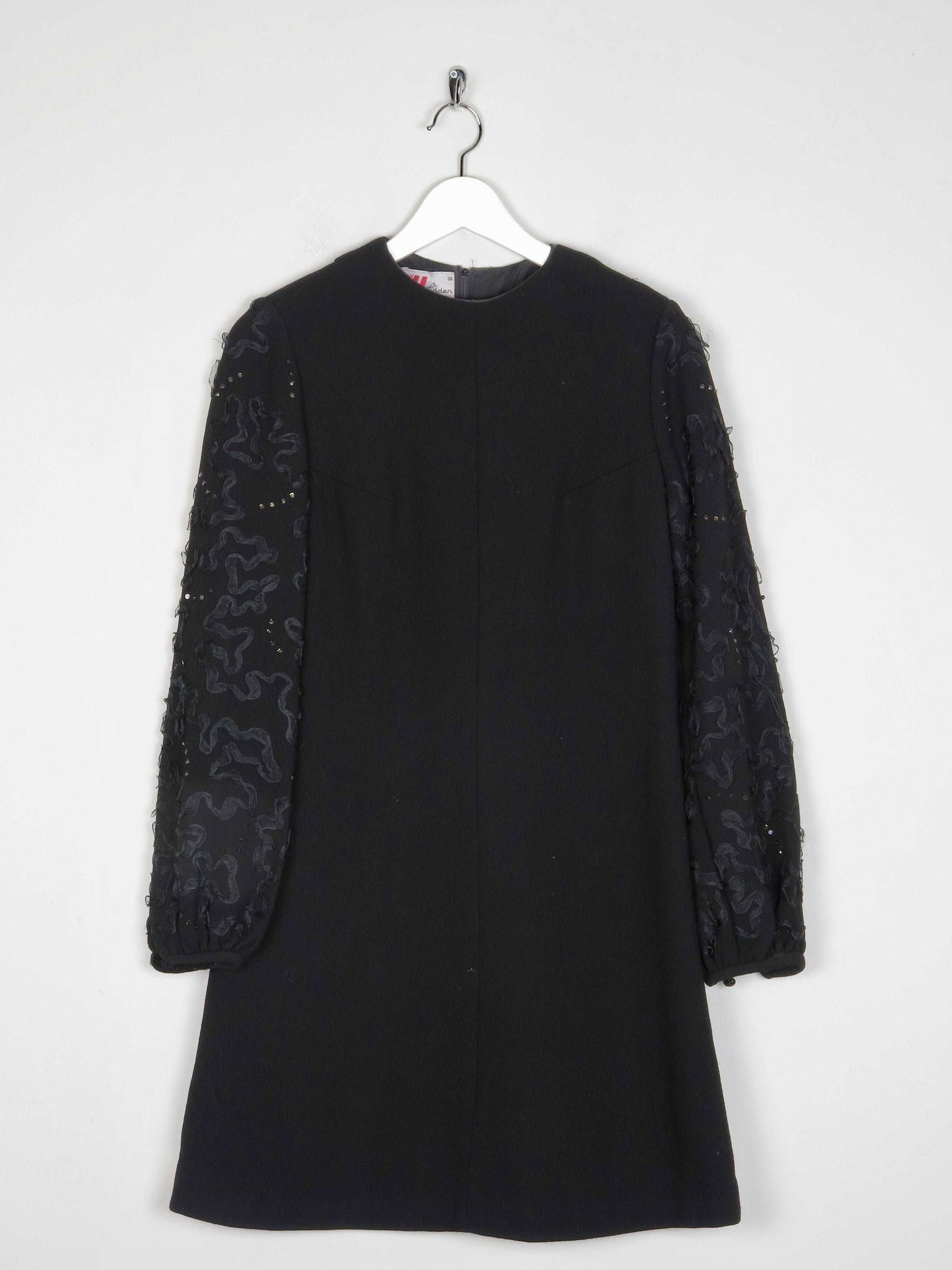 Vintage Black Crepe 1960s Dress With Ribbon Lace Sleeves S - The Harlequin