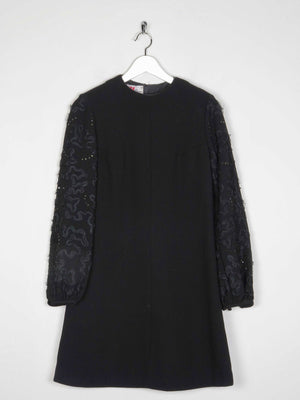Vintage Black Crepe 1960s Dress With Ribbon Lace Sleeves S - The Harlequin