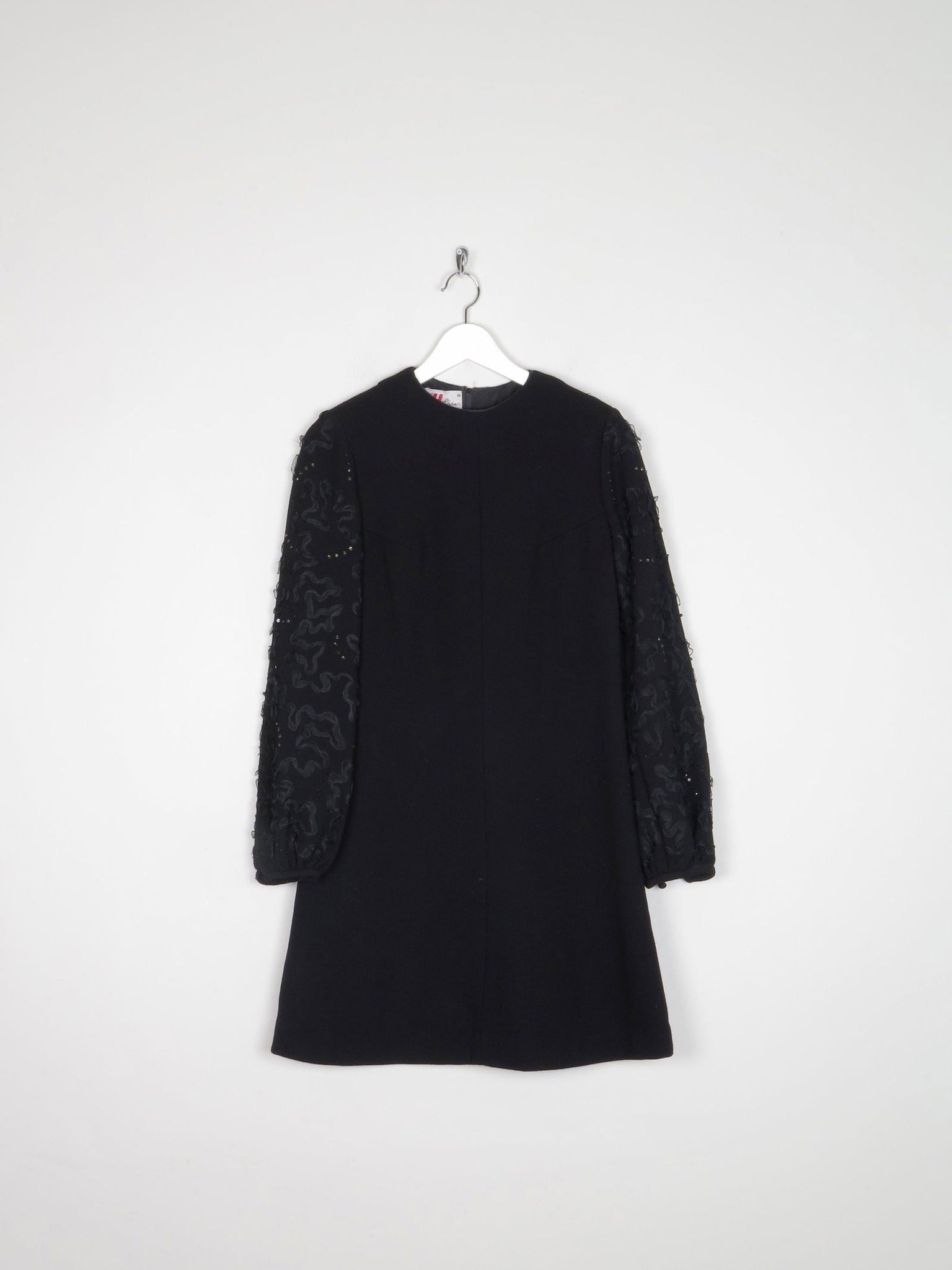 Vintage Black Crepe 1960s Dress With Ribbon Lace Sleeves S - The Harlequin