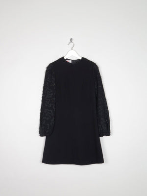 Vintage Black Crepe 1960s Dress With Ribbon Lace Sleeves S - The Harlequin