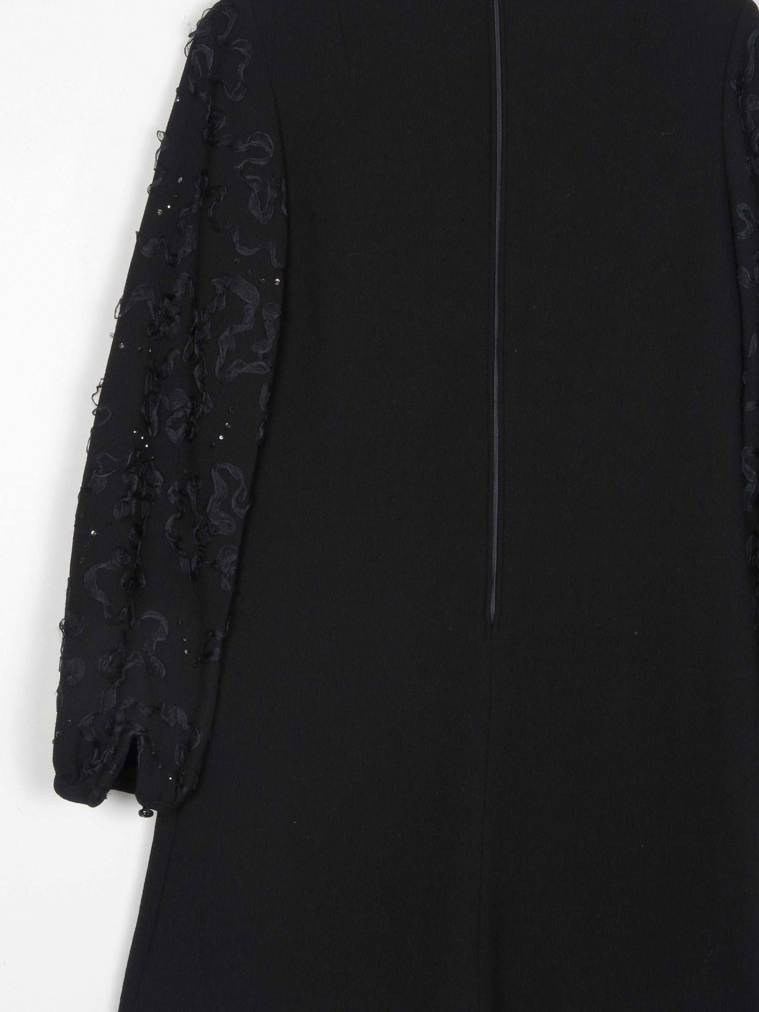Vintage Black Crepe 1960s Dress With Ribbon Lace Sleeves S - The Harlequin