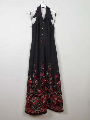 Vintage Black Embellished Embroidered Halter Neck 1970s Dress S - The Harlequin