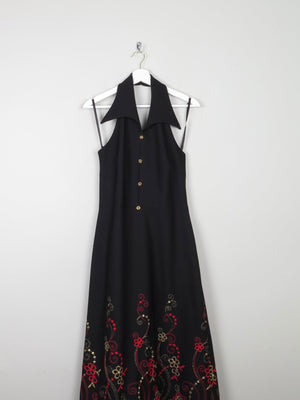 Vintage Black Embellished Embroidered Halter Neck 1970s Dress S - The Harlequin