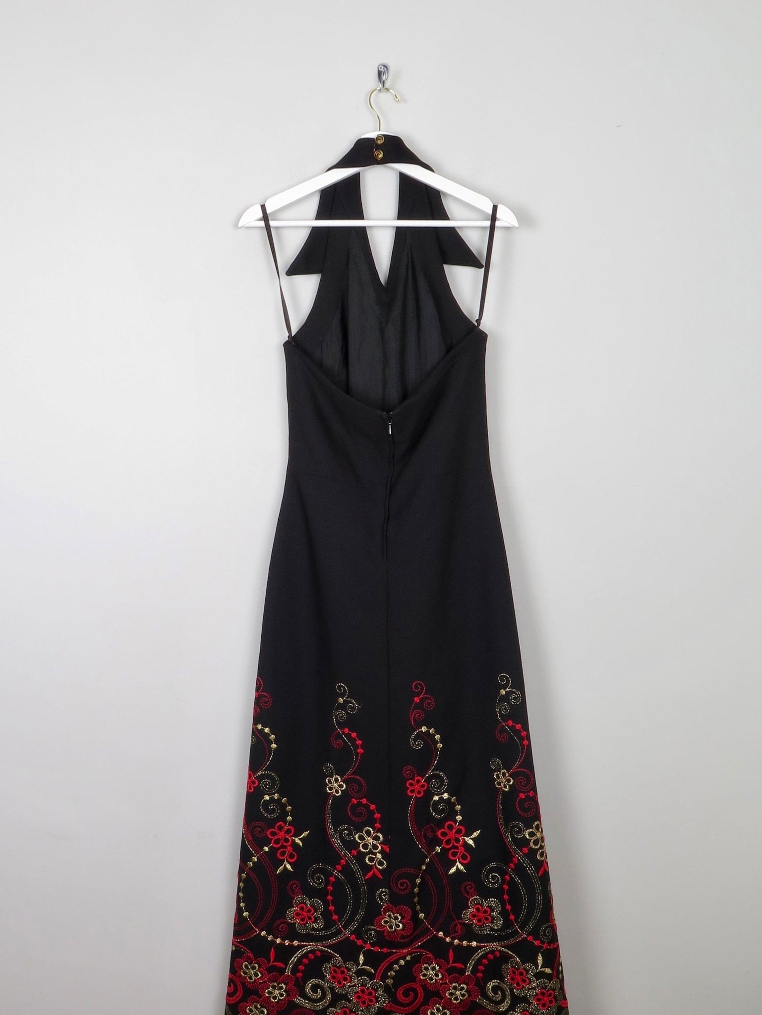 Vintage Black Embellished Embroidered Halter Neck 1970s Dress S - The Harlequin