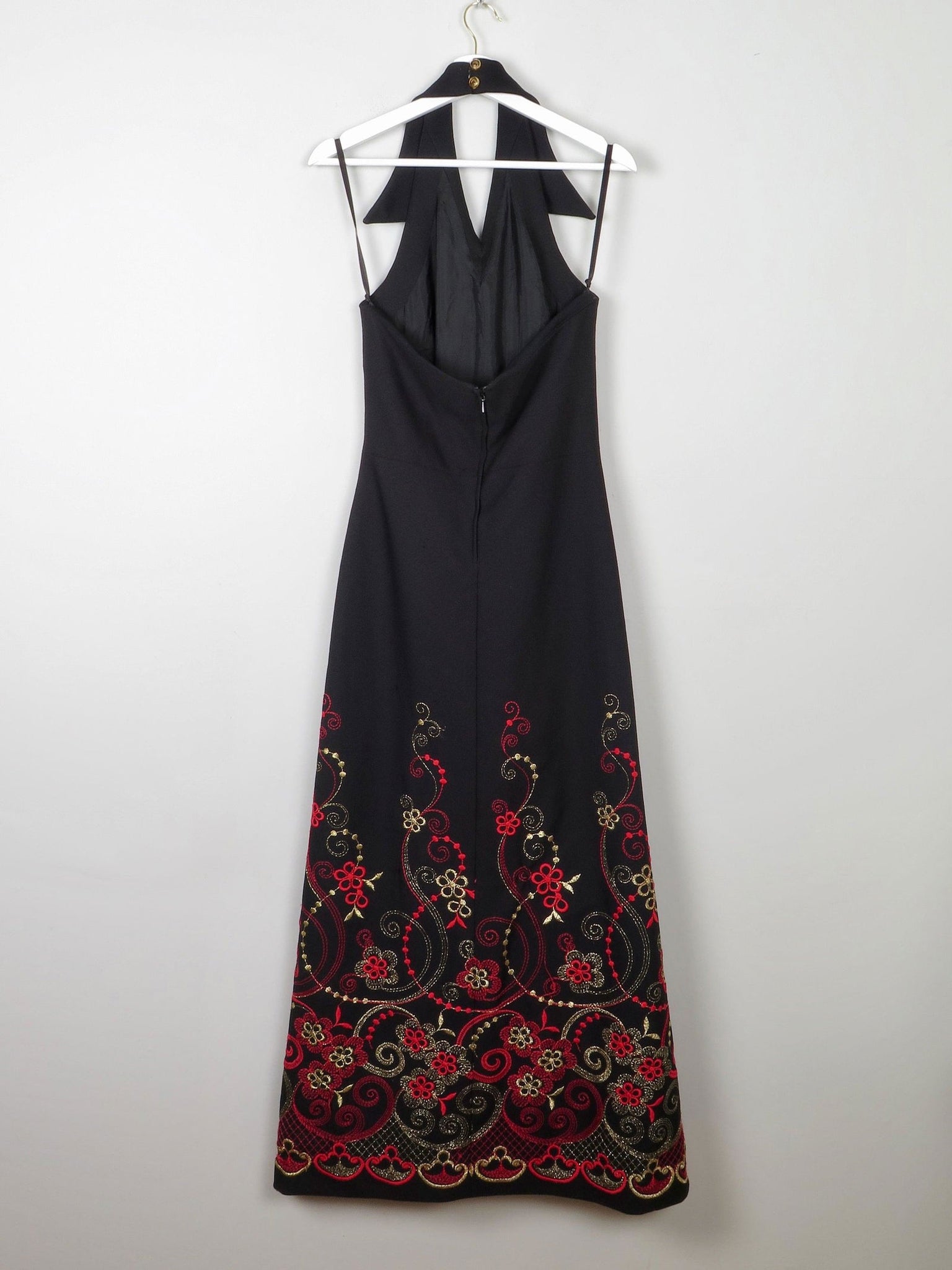 Vintage Black Embellished Embroidered Halter Neck 1970s Dress S - The Harlequin