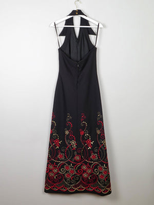Vintage Black Embellished Embroidered Halter Neck 1970s Dress S - The Harlequin