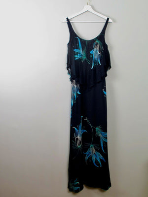 Vintage Black & Green Long Dress 1970s XXS - The Harlequin