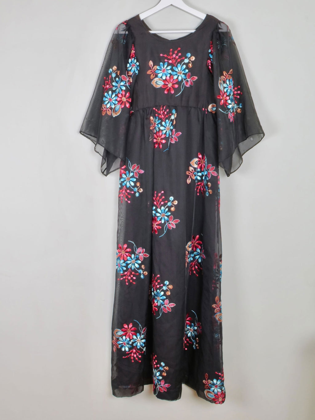 Vintage Black Long Floral Embroidered Dress XS - The Harlequin