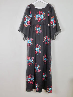 Vintage Black Long Floral Embroidered Dress XS - The Harlequin