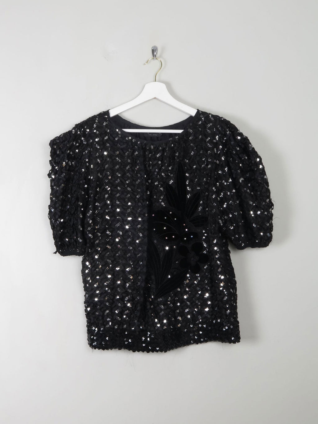 Vintage Black Sequin & Ribbon Lace Top L - The Harlequin