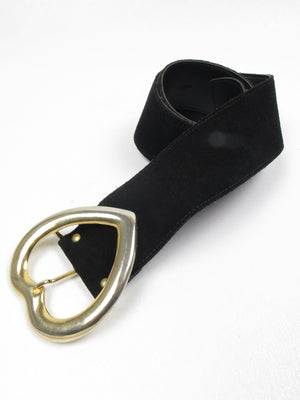 Vintage Black Suede Belt With Heart Buckle S - The Harlequin