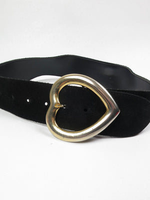 Vintage Black Suede Belt With Heart Buckle S - The Harlequin