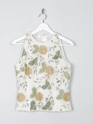 Vintage Cream Floral  Beaded Halter Neck Cropped Top S - The Harlequin