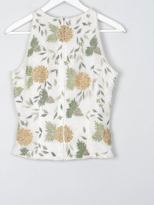 Vintage Cream Floral  Beaded Halter Neck Cropped Top S - The Harlequin