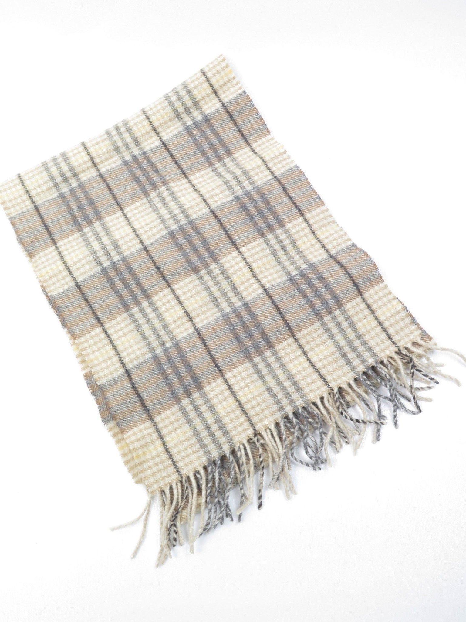 Vintage Cream & Grey Check Tartan Lambswool Scarf - The Harlequin