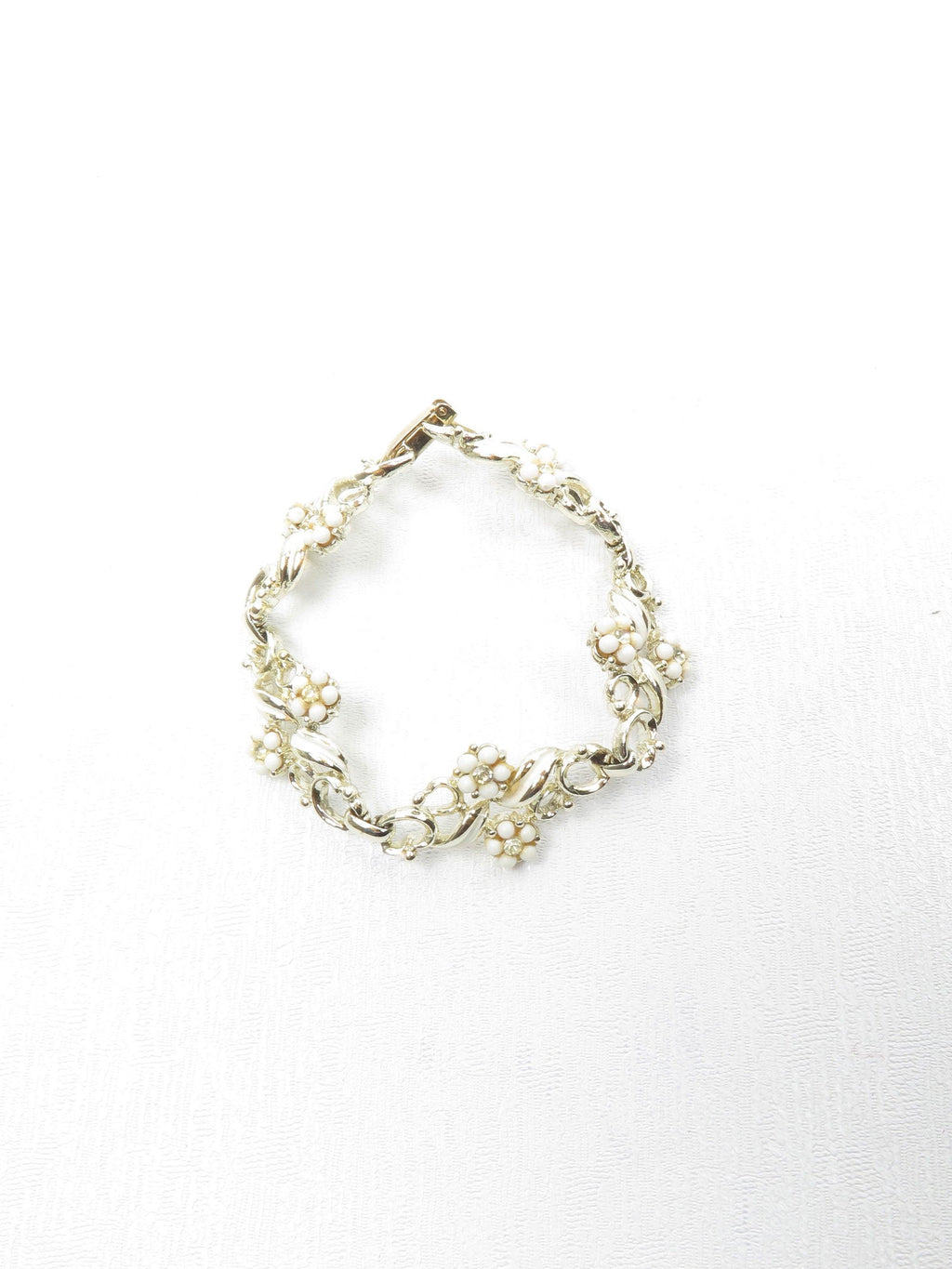 Vintage Gold Metal Enamel Cream Floral Bracelet - The Harlequin