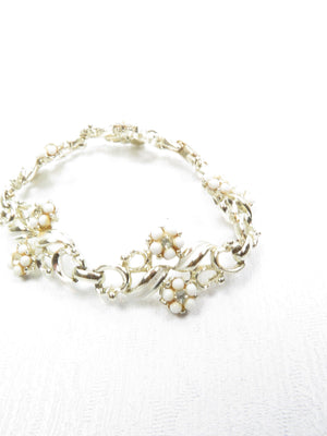 Vintage Gold Metal Enamel Cream Floral Bracelet - The Harlequin