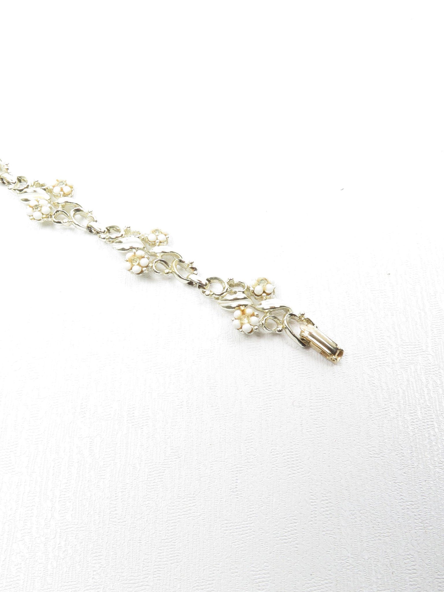 Vintage Gold Metal Enamel Cream Floral Bracelet - The Harlequin