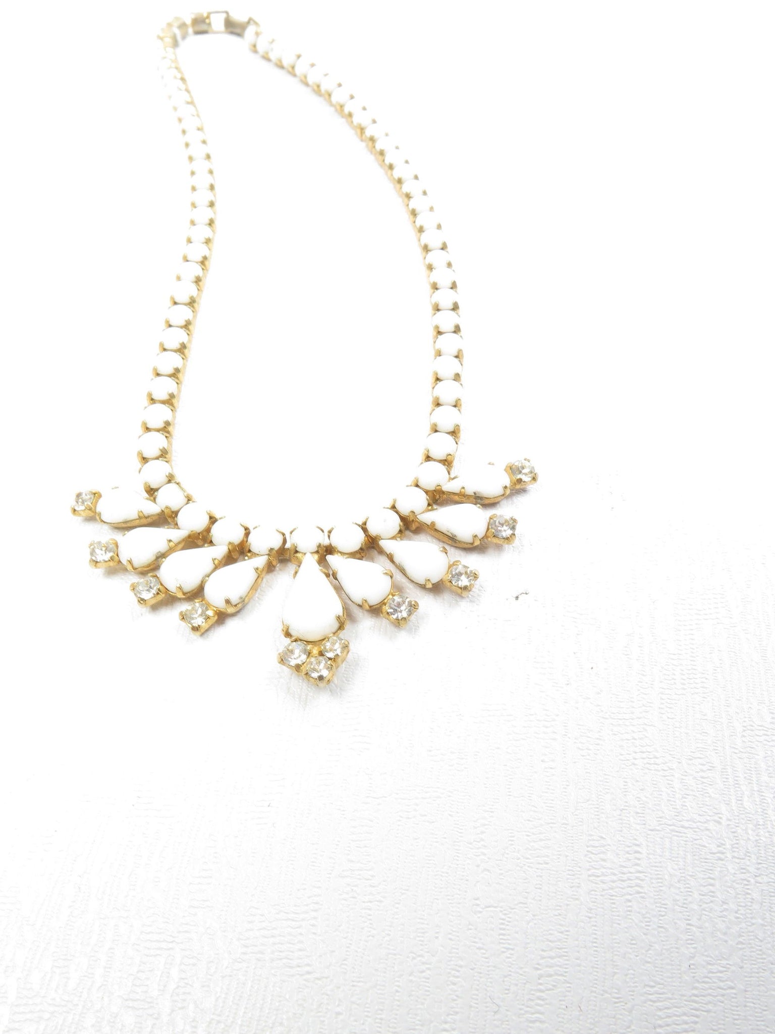 Vintage Gold & White Milk Glass & Diamanté 1960s Necklace - The Harlequin