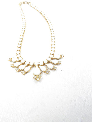 Vintage Gold & White Milk Glass & Diamanté 1960s Necklace - The Harlequin