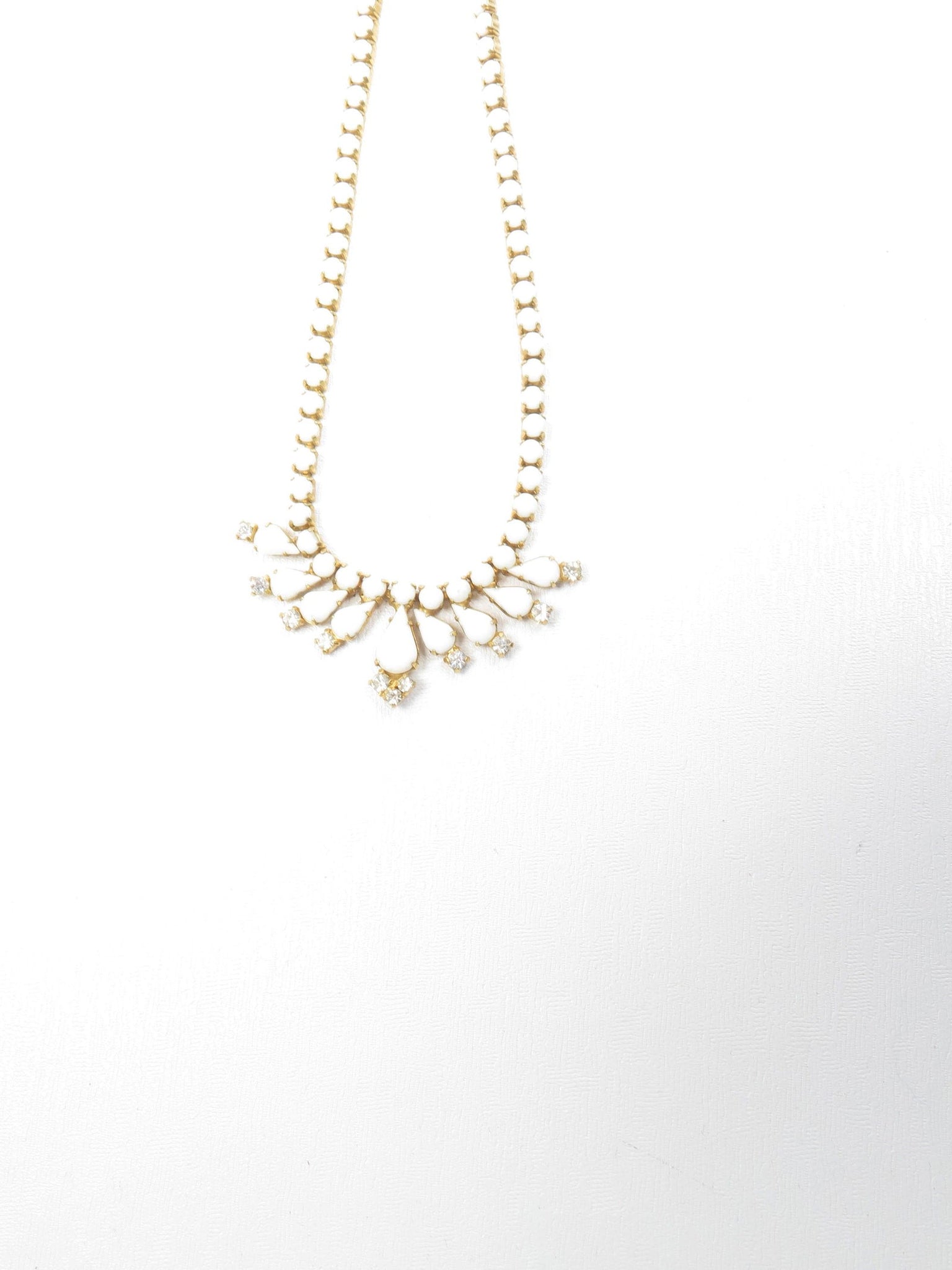 Vintage Gold & White Milk Glass & Diamanté 1960s Necklace - The Harlequin