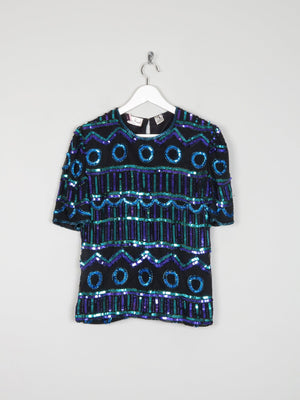 Vintage Green & Blue Sequin & Silk Short Sleeve Top S - The Harlequin