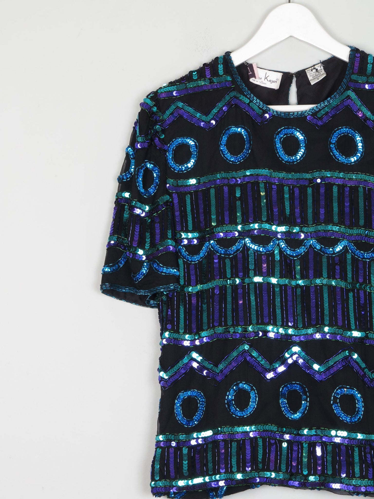 Vintage Green & Blue Sequin & Silk Short Sleeve Top S - The Harlequin