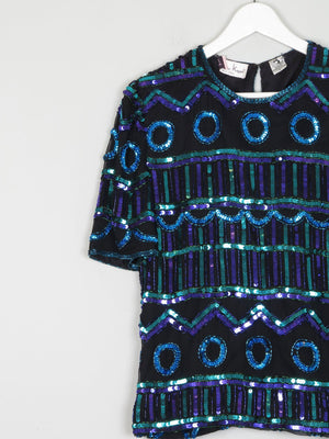 Vintage Green & Blue Sequin & Silk Short Sleeve Top S - The Harlequin
