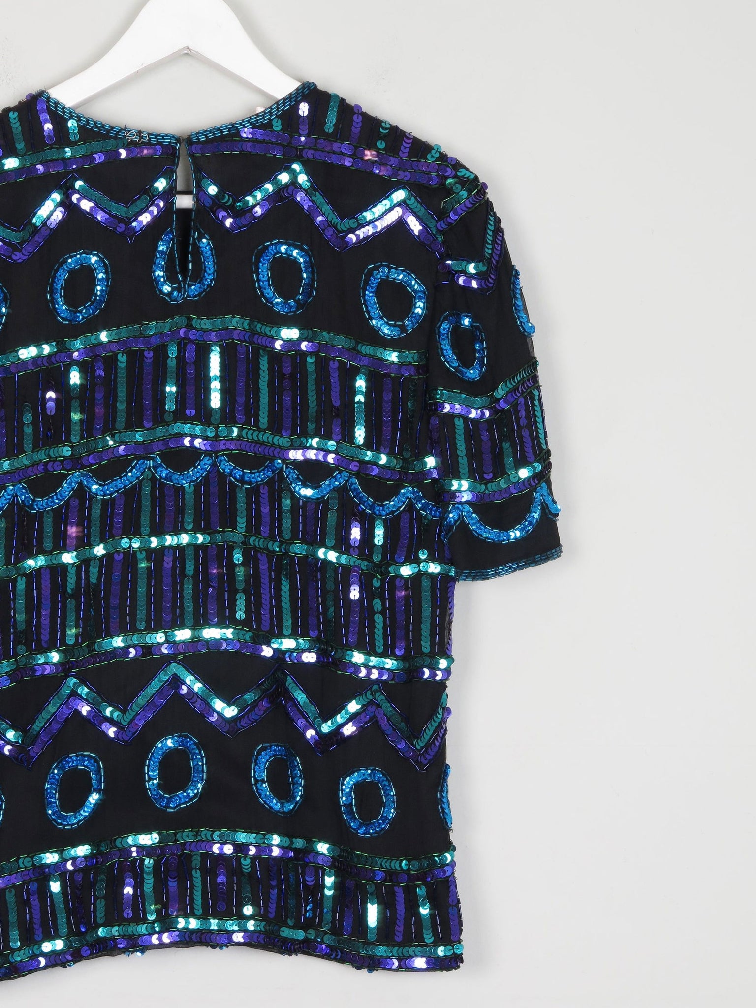 Vintage Green & Blue Sequin & Silk Short Sleeve Top S - The Harlequin