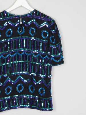 Vintage Green & Blue Sequin & Silk Short Sleeve Top S - The Harlequin
