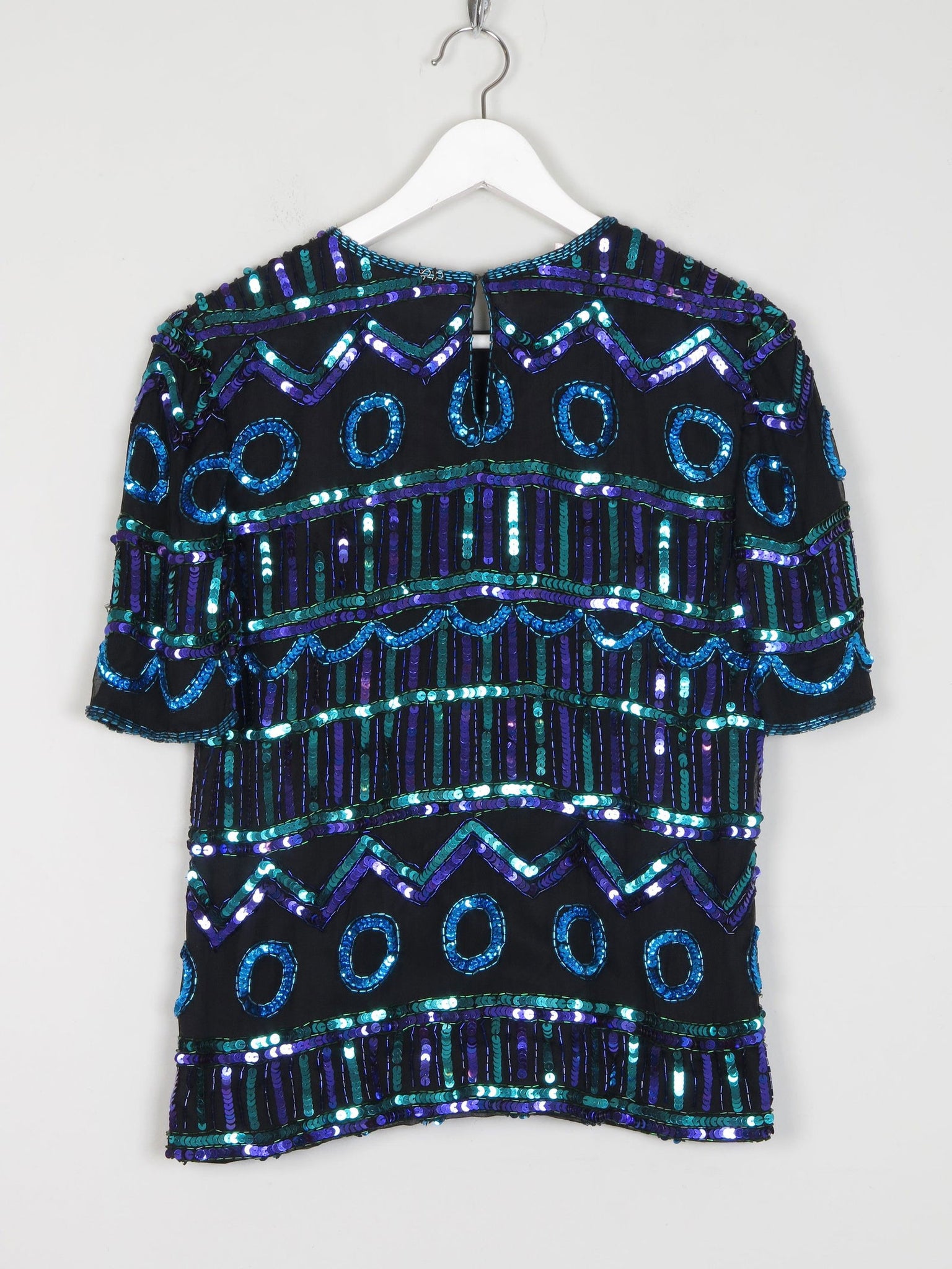 Vintage Green & Blue Sequin & Silk Short Sleeve Top S - The Harlequin