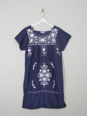 Vintage Navy & Blue Embroidered Mexican Dress S/M - The Harlequin