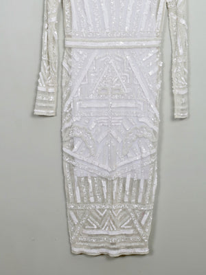 Vintage Style Cream Beaded Fitted Dress S - The Harlequin