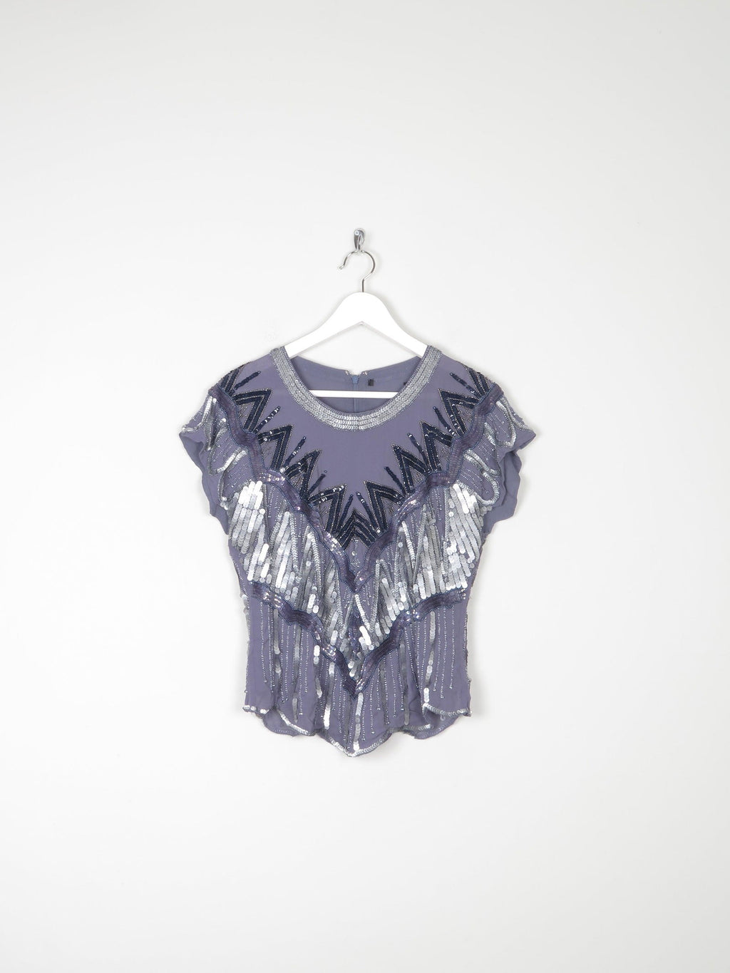 Vintage Style Grey & Blue Beaded Top S - The Harlequin