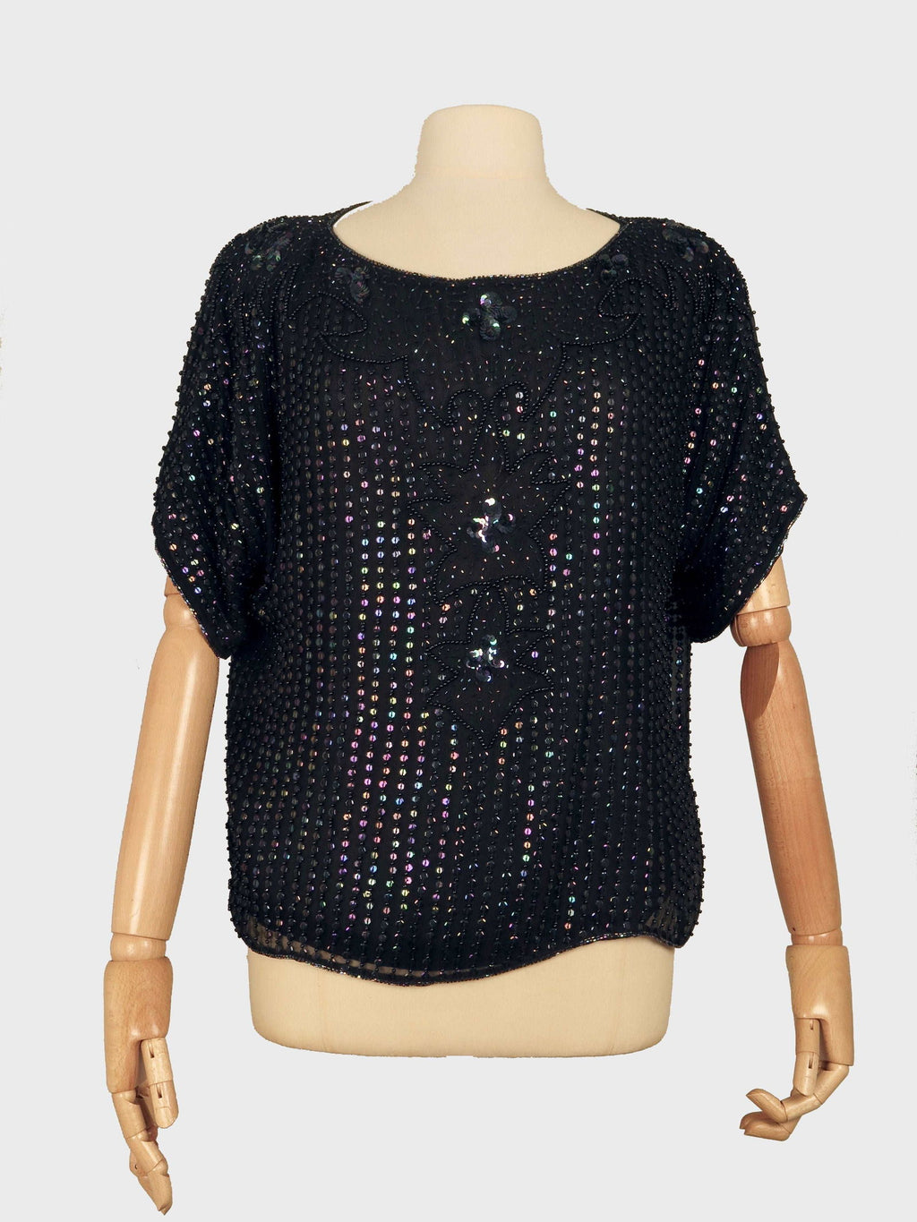Vintage Women’s Black Sequin 1980s Top M/L - The Harlequin
