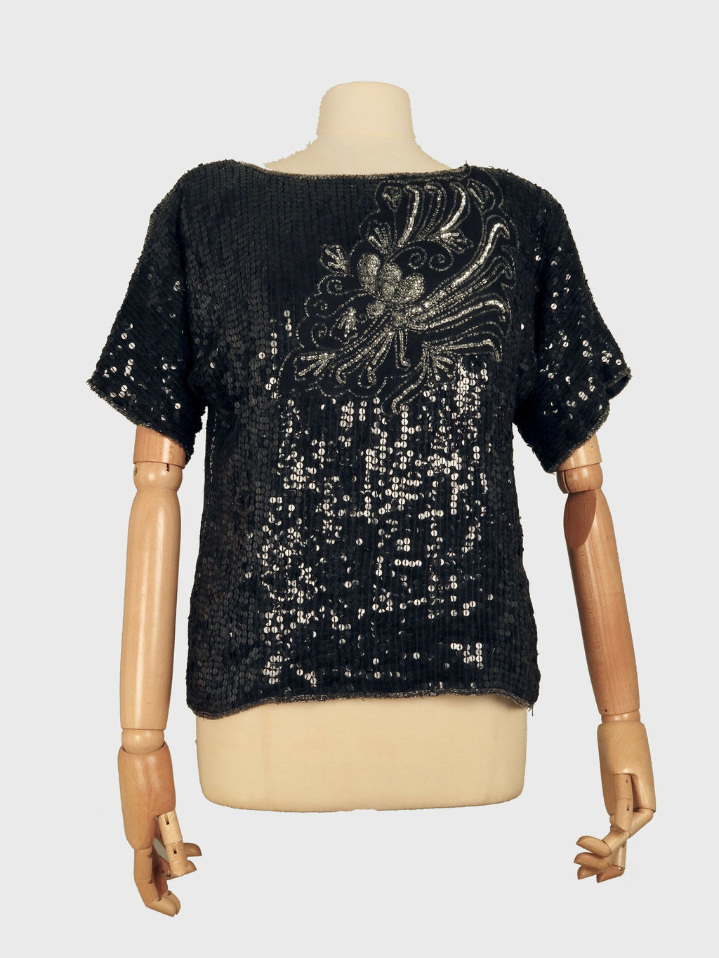 Vintage Women’s Black Sequin Top With Floral Motif S/M - The Harlequin