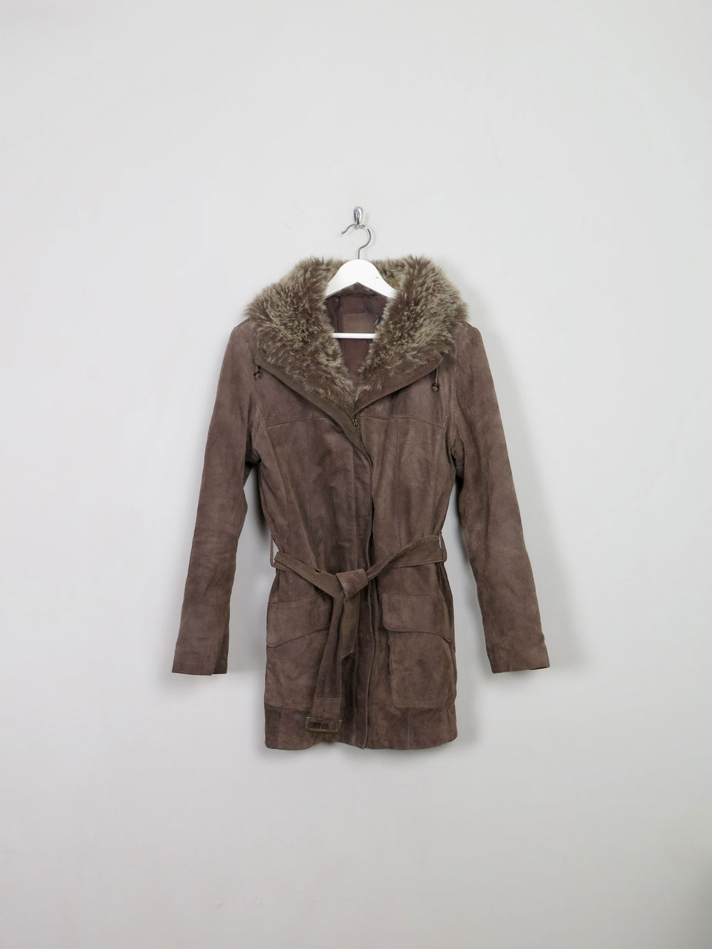 Women's 90's Brown Suede Jacket With Furry Hood M - The Harlequin