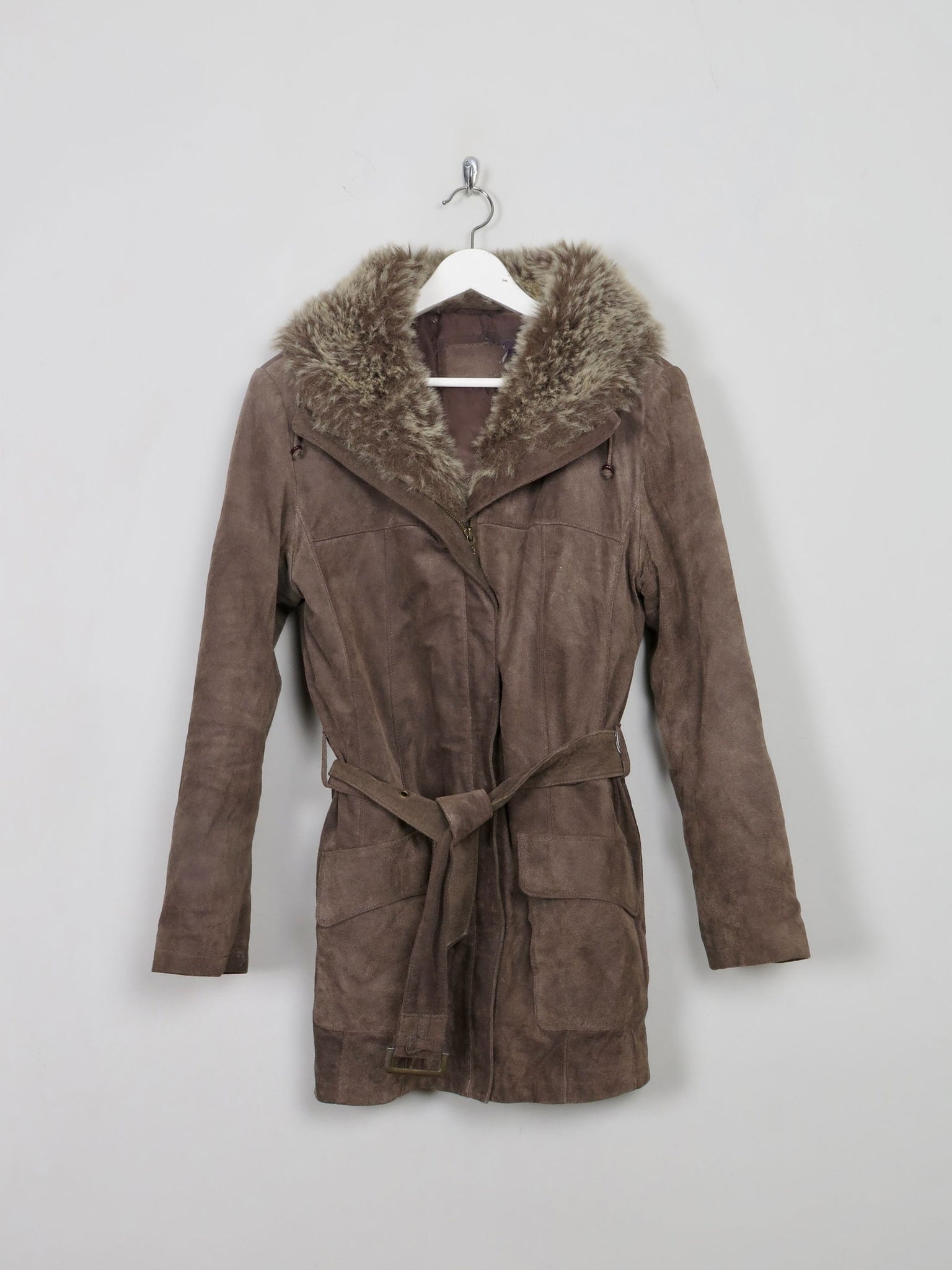 Women's 90's Brown Suede Jacket With Furry Hood M - The Harlequin