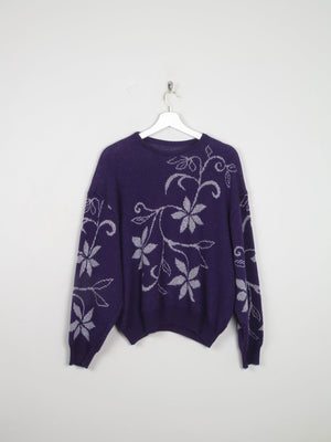 Women's Aubergine Vintage Jumper With Lurex Floral Motifs S/M - The Harlequin