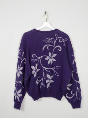 Women's Aubergine Vintage Jumper With Lurex Floral Motifs S/M - The Harlequin