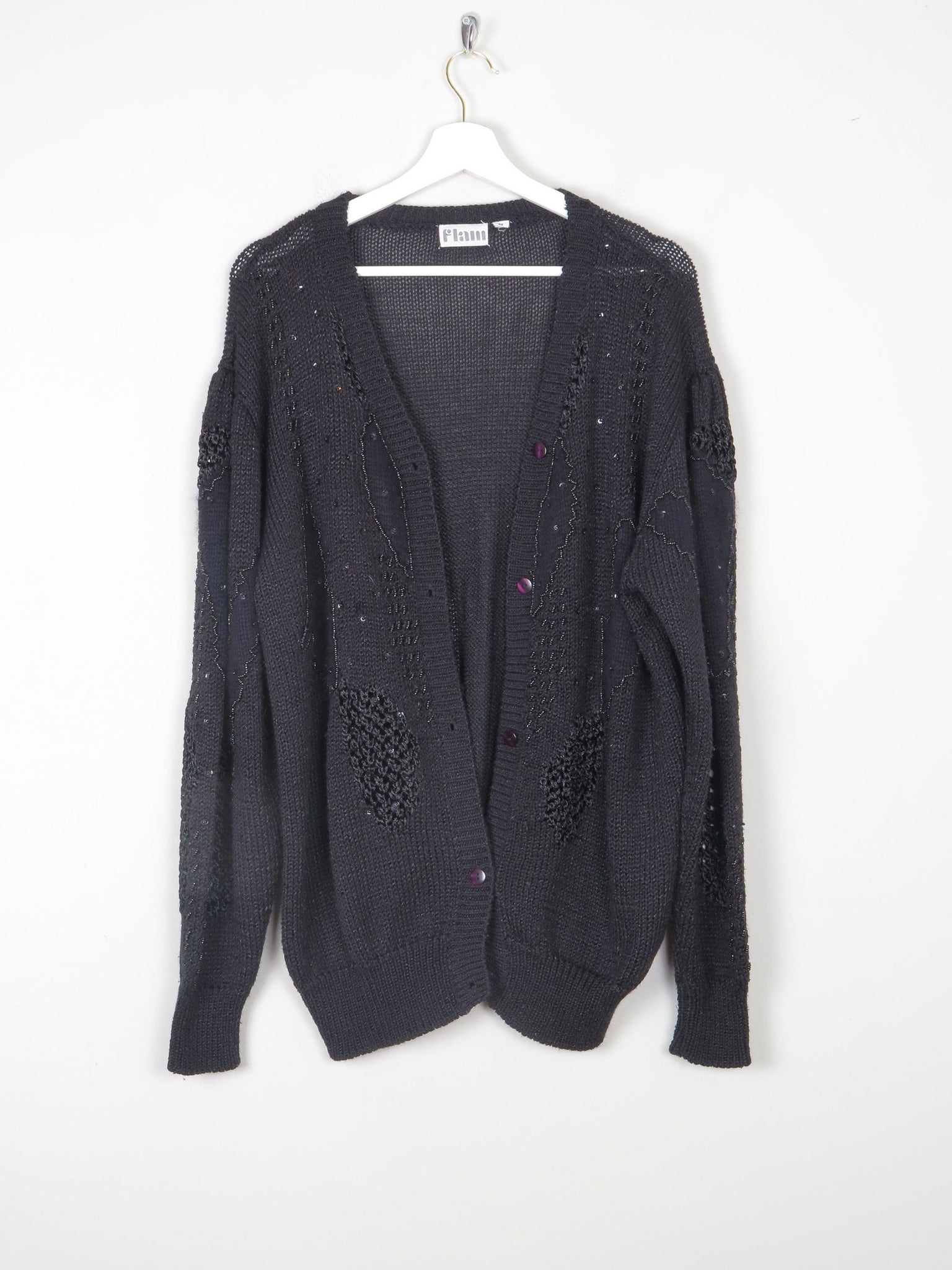 Women's Black Beaded Oversized Vintage Cardigan M/L - The Harlequin