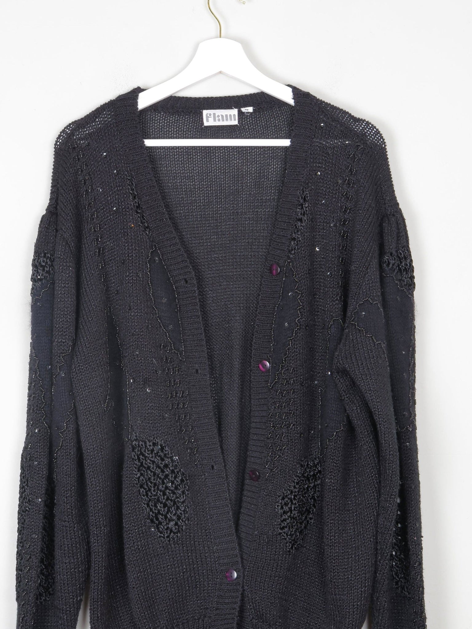 Women's Black Beaded Oversized Vintage Cardigan M/L - The Harlequin