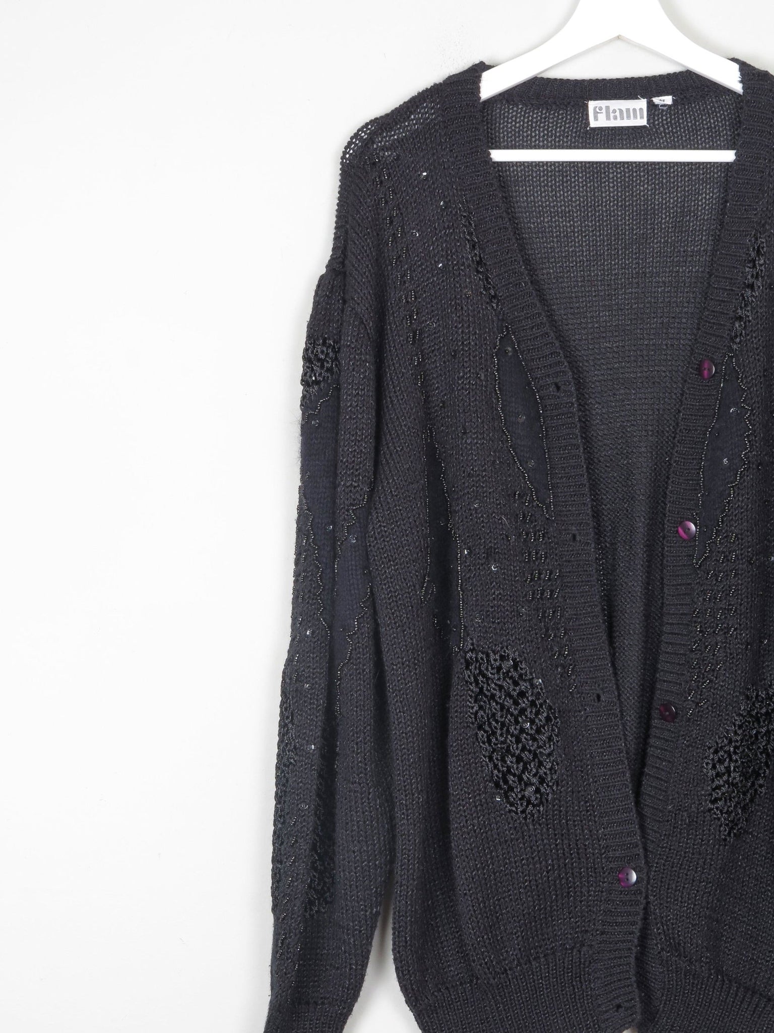 Women's Black Beaded Oversized Vintage Cardigan M/L - The Harlequin
