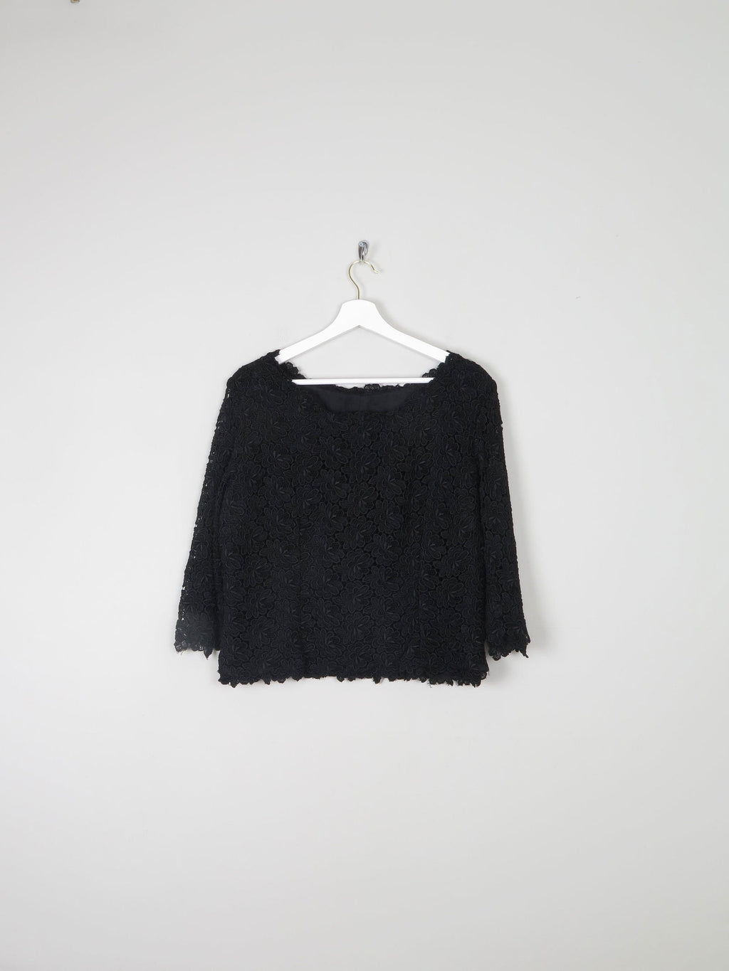 Women's Black Lace 3/4 Sleeved Boat Neck 1950s Evening Top L - The Harlequin
