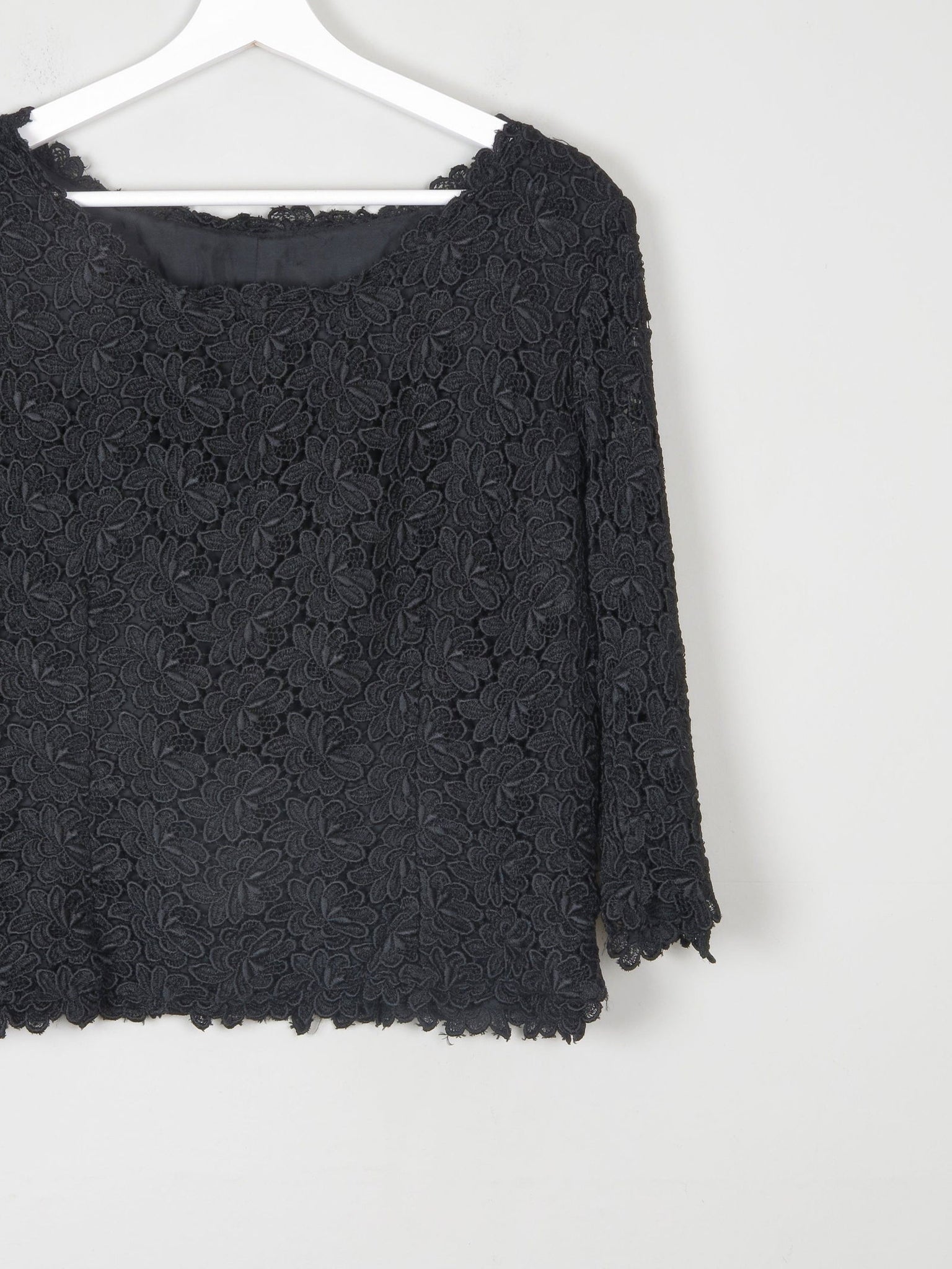 Women's Black Lace 3/4 Sleeved Boat Neck 1950s Evening Top L - The Harlequin