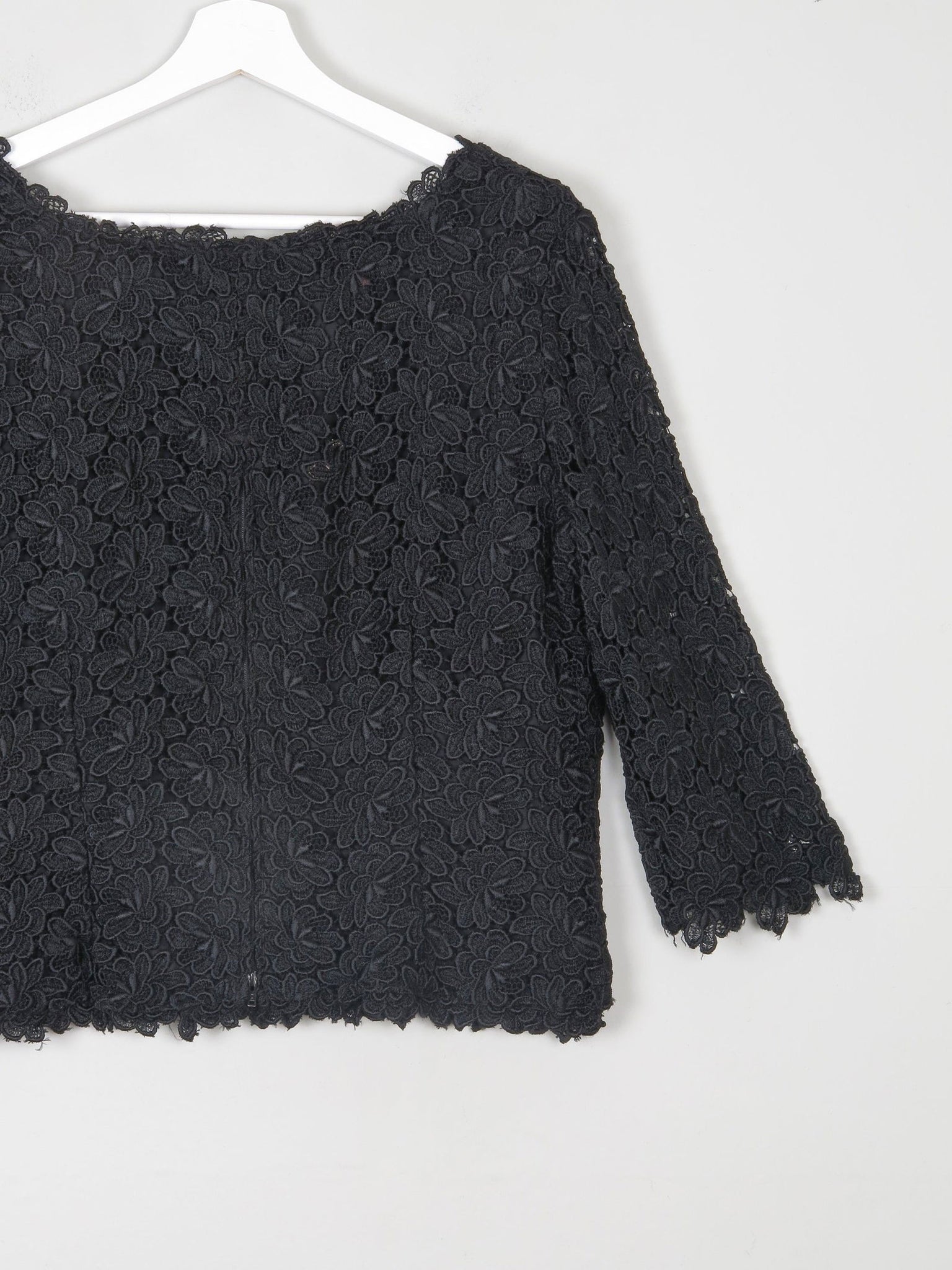 Women's Black Lace 3/4 Sleeved Boat Neck 1950s Evening Top L - The Harlequin